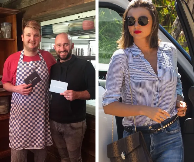 Two men in a kitchen holding cards; a woman in sunglasses and a striped shirt outside a car.