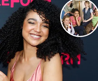 Aisha Dee smiling at an event; inset shows her with co-stars from "The Saddle Club".