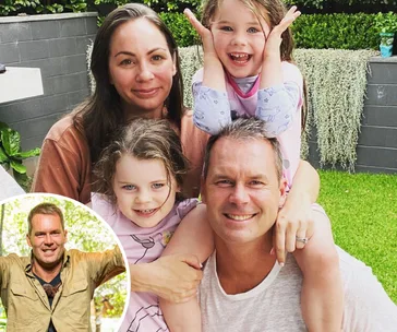 Family with two children smiling outdoors; inset of a man celebrating, wearing a khaki outfit.