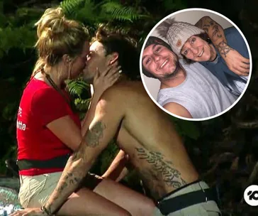 A couple kissing outdoors with a smiling duo inset, wearing casual clothes and beanies.