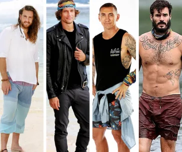 "Four male contestants from Survivor All Stars 2020 lineup in various outfits on a beach setting."