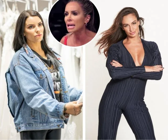 Two women posing, one in a denim jacket, the other in a black outfit, with a circular inset of a woman's face in conversation.