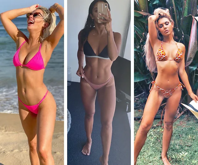Three women in bikinis showcasing weight loss transformations.