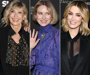 Three women smiling at G'Day USA 2020 event; one waves, all in formal attire.