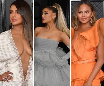 Group photo of three women in elegant dresses at the 2020 Grammy Awards red carpet.