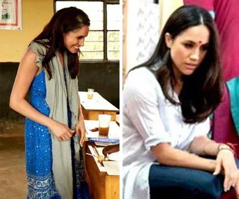 "Two images of a woman in traditional and casual attire, engaging in cultural activities inside a room."