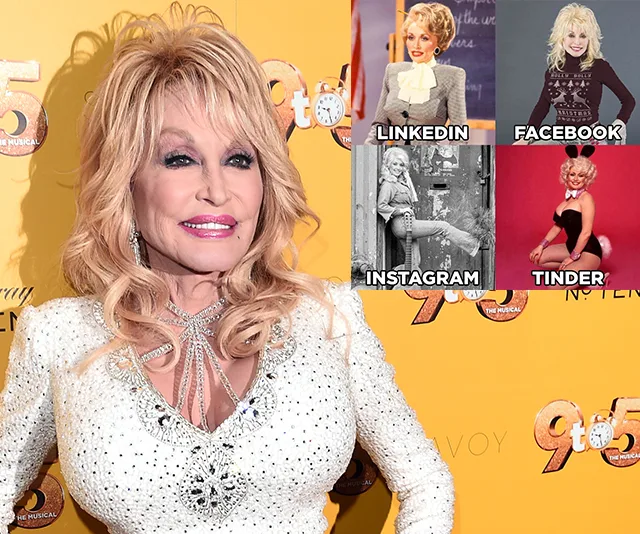 Dolly Parton in four images for LinkedIn, Facebook, Instagram, and Tinder, humorously highlighting her diverse looks.