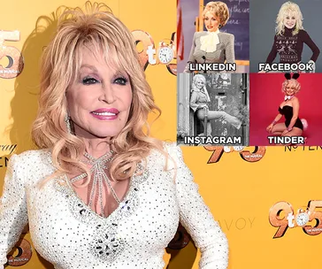 Dolly Parton in four images for LinkedIn, Facebook, Instagram, and Tinder, humorously highlighting her diverse looks.