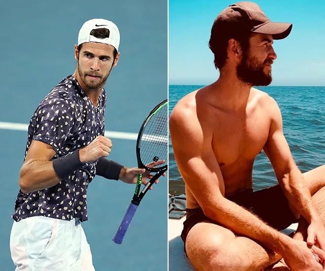 Two images: Tennis player on court with racket; bearded man sitting shirtless on a boat in the sea.