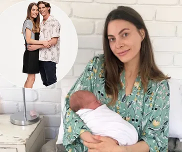 Woman in floral robe holding newborn, with inset of couple hugging.