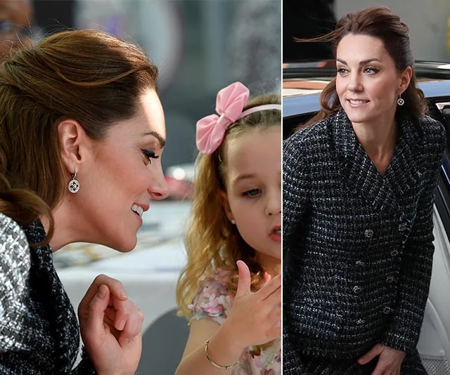 "Kate Middleton smiles at a young girl, and in another image, exits a car in a stylish coat."