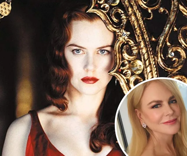Nicole Kidman as Satine in "Moulin Rouge" with inset of her recent photo.