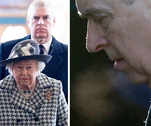 Two-part image: left, elderly woman with a hat and pearls; behind her, a man. Right, profile of the same man looking down.