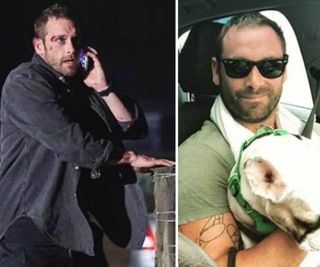 "Split image: Left, man making a phone call at night. Right, same man wearing sunglasses holding a dog in a car."