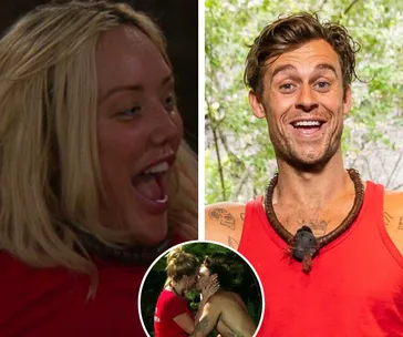 Split image: Woman smiling in camp setting; man in red tank top smiling; inset of the couple kissing in the jungle.