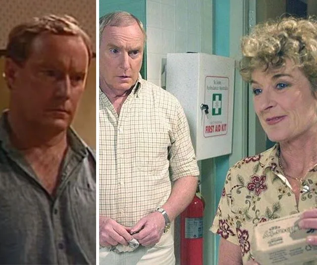 "Two scenes from Home and Away showing Alf Stewart in a serious conversation with a woman in hospital setting."