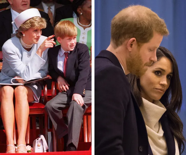 Princess Diana with a young boy on the left; a man and a woman looking down on the right.