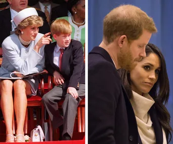 Princess Diana with a young boy on the left; a man and a woman looking down on the right.