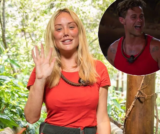 Participant in red shirt waving on "I'm a Celebrity...Get Me Out of Here!" with smiling contestant in inset.