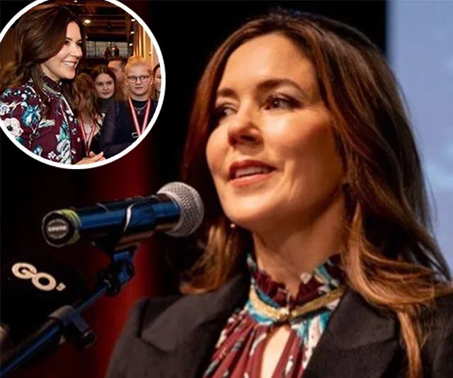 "Princess Mary speaks at an event, wearing a colorful floral shirt under a blazer, inset shows her greeting attendees."