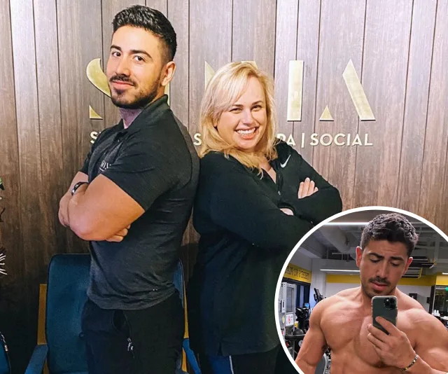 Two people back to back smiling, with inset of a man taking a gym selfie.
