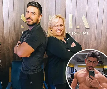 Two people back to back smiling, with inset of a man taking a gym selfie.