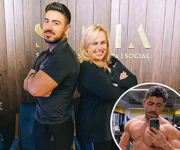 Two people back to back smiling, with inset of a man taking a gym selfie.