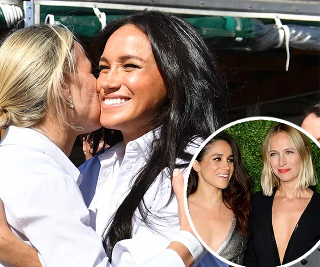 Two women embrace and smile outdoors; inset shows them posing together at an event.