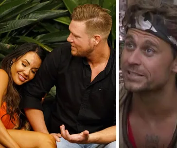 Couple sitting outdoors, woman in orange top leaning on man in black shirt; a man with a headband on the right.