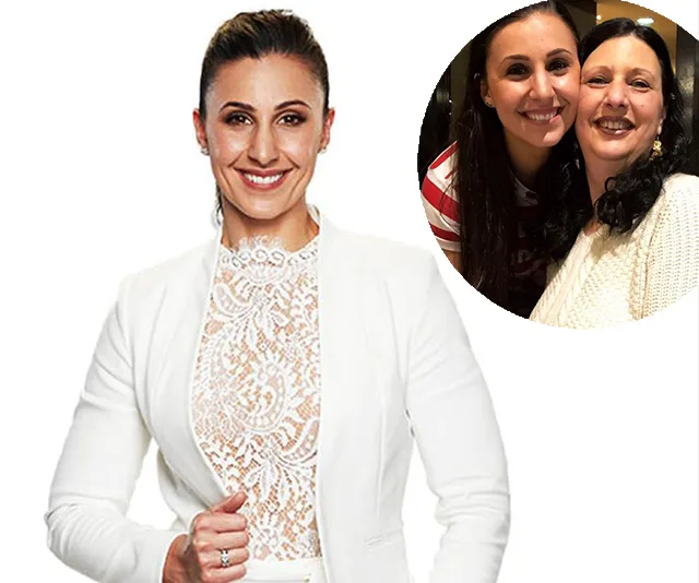 Amanda in a white lace dress smiling, inset shows her with a family member, both smiling warmly.