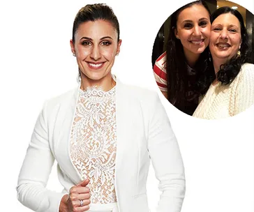 Amanda in a white lace dress smiling, inset shows her with a family member, both smiling warmly.