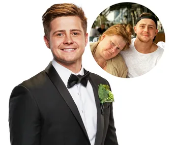 Man in a suit smiling with a boutonniere; inset of him with an older woman, both smiling casually.