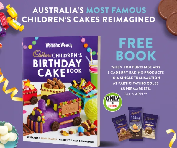 Australia's famous children's cakes book offer with Cadbury products at Coles, surrounded by colorful candies.