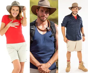 Contestants from "I'm a Celebrity Australia 2020" wearing camp attire and hats.