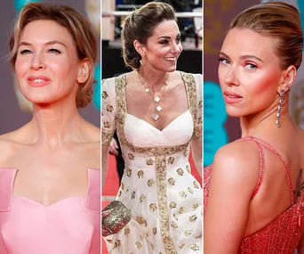 Three women on the red carpet in elegant dresses at the 2020 BAFTA Awards.