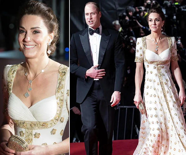 "Kate Middleton in a white and gold gown at the 2020 BAFTAs with Prince William on the red carpet."