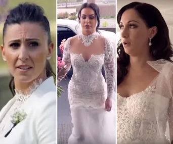 Brides in elegant lace wedding dresses from 'Married at First Sight 2020', showcasing various bridal styles.