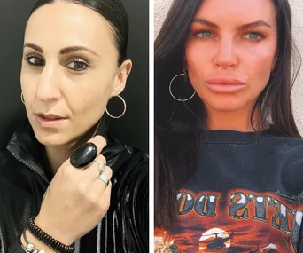 Two women posing, one has slicked-back hair and wears a black outfit, the other has dark long hair and a graphic tee.