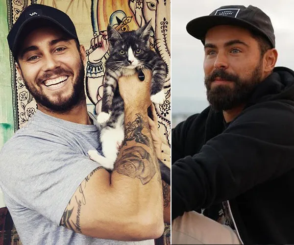Man with a beard and cap holding a cat, smiling; another image of him outdoors, wearing a cap and hoodie.