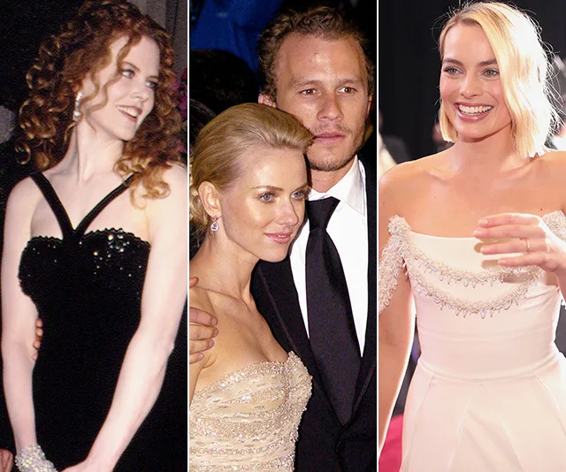 Australian actors posing at various Oscars events, celebrating their achievements in the film industry.