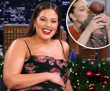 Ashley Graham in floral dress on talk show, inset of her kissing baby.