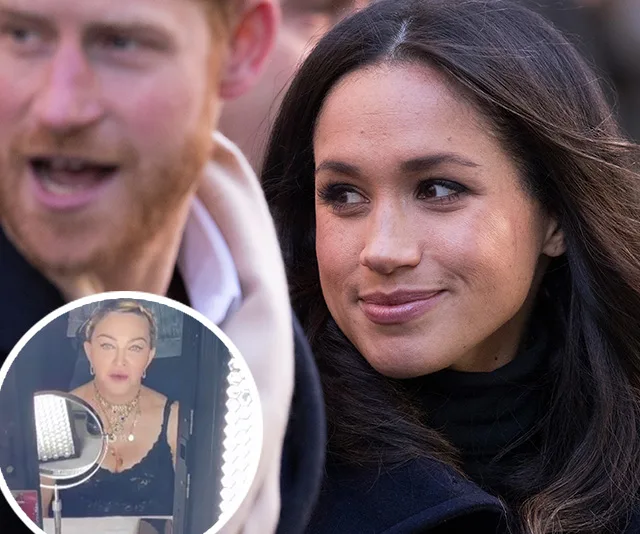 Prince Harry and Meghan Markle outdoors; inset of Madonna indoors with a lit makeup mirror.