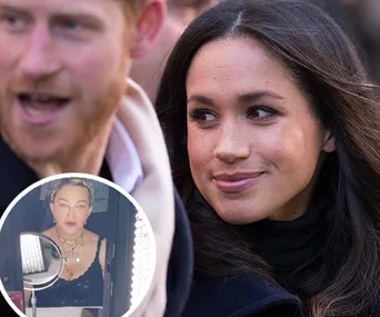 Prince Harry and Meghan Markle outdoors; inset of Madonna indoors with a lit makeup mirror.