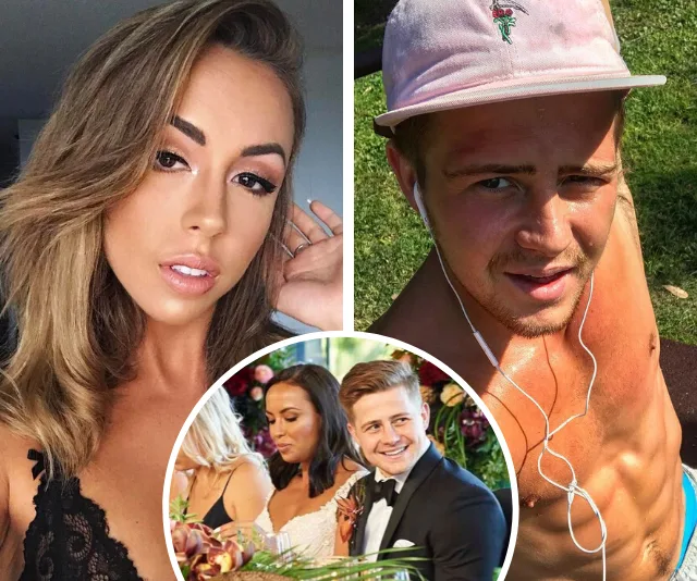 A collage featuring a woman in black, a shirtless man with a cap, and a formal event photo in a circle overlay.