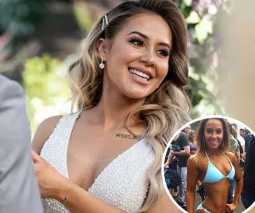 Young woman in bridal attire smiling, with an inset image of her in a bikini, showing weight loss transformation.