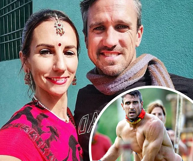 Man and woman smiling; inset of same man in athletic event.
