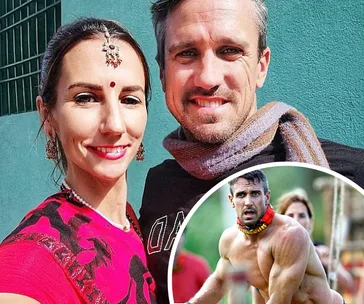 Man and woman smiling; inset of same man in athletic event.