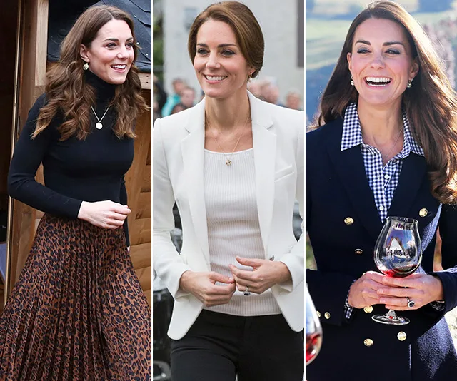 Kate Middleton in stylish outfits: leopard skirt and black top, white blazer with beige top, navy blazer with plaid shirt.
