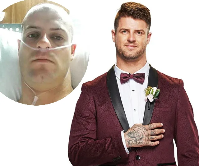 A man in a burgundy suit with a flower boutonniere next to an inset image of him in a hospital bed with a nasal tube.