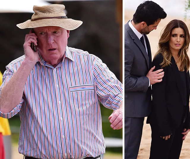 Man in a striped shirt and straw hat on the phone; a suited man comforts a woman on the beach.